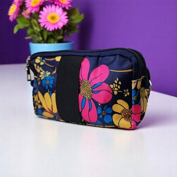 π Colorful Floral Nylon Summer Crossbody Mini Belt Bag | 3 Zippered Pockets - Picture 5 of 12
